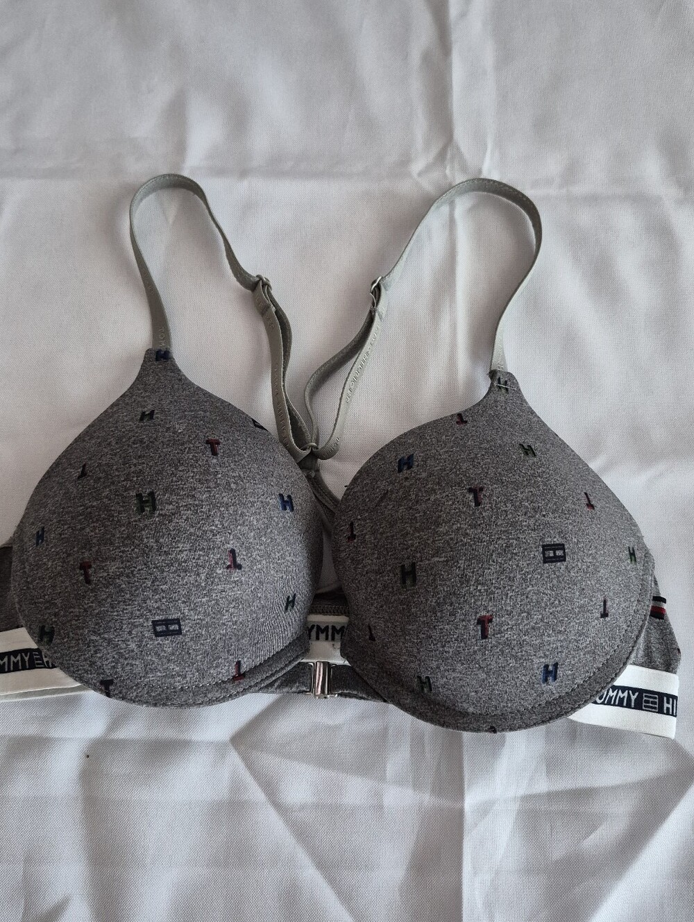 Tommy Hilfiger Gray Logo Print T-Shirt Bra Front Closure